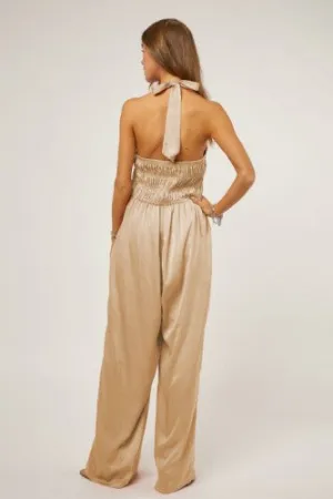 Champagne Smocked Bodice Halter Neck Jumpsuit