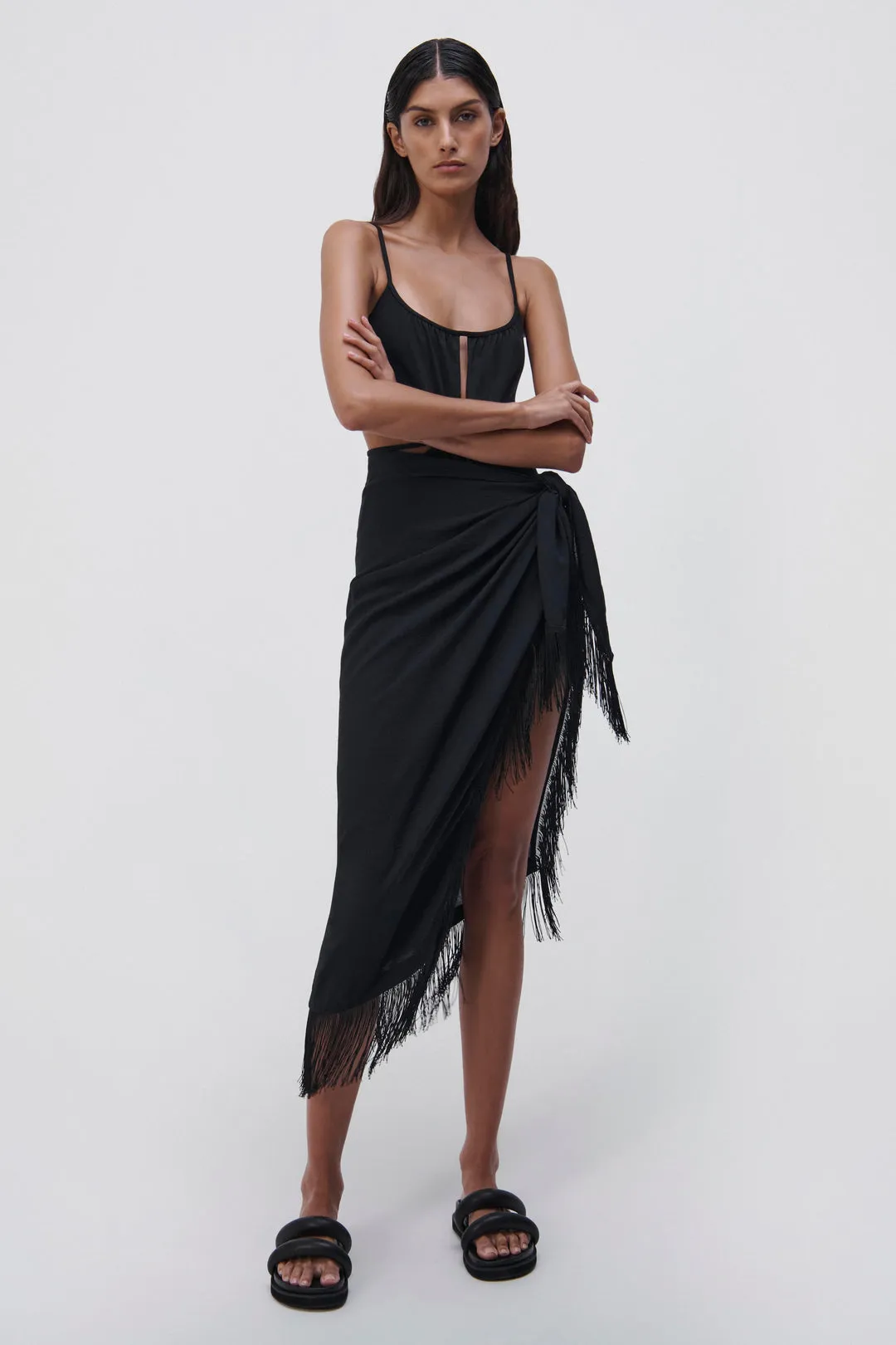 Clemmy Solid Cover-Ups Sarong Skirt - Black