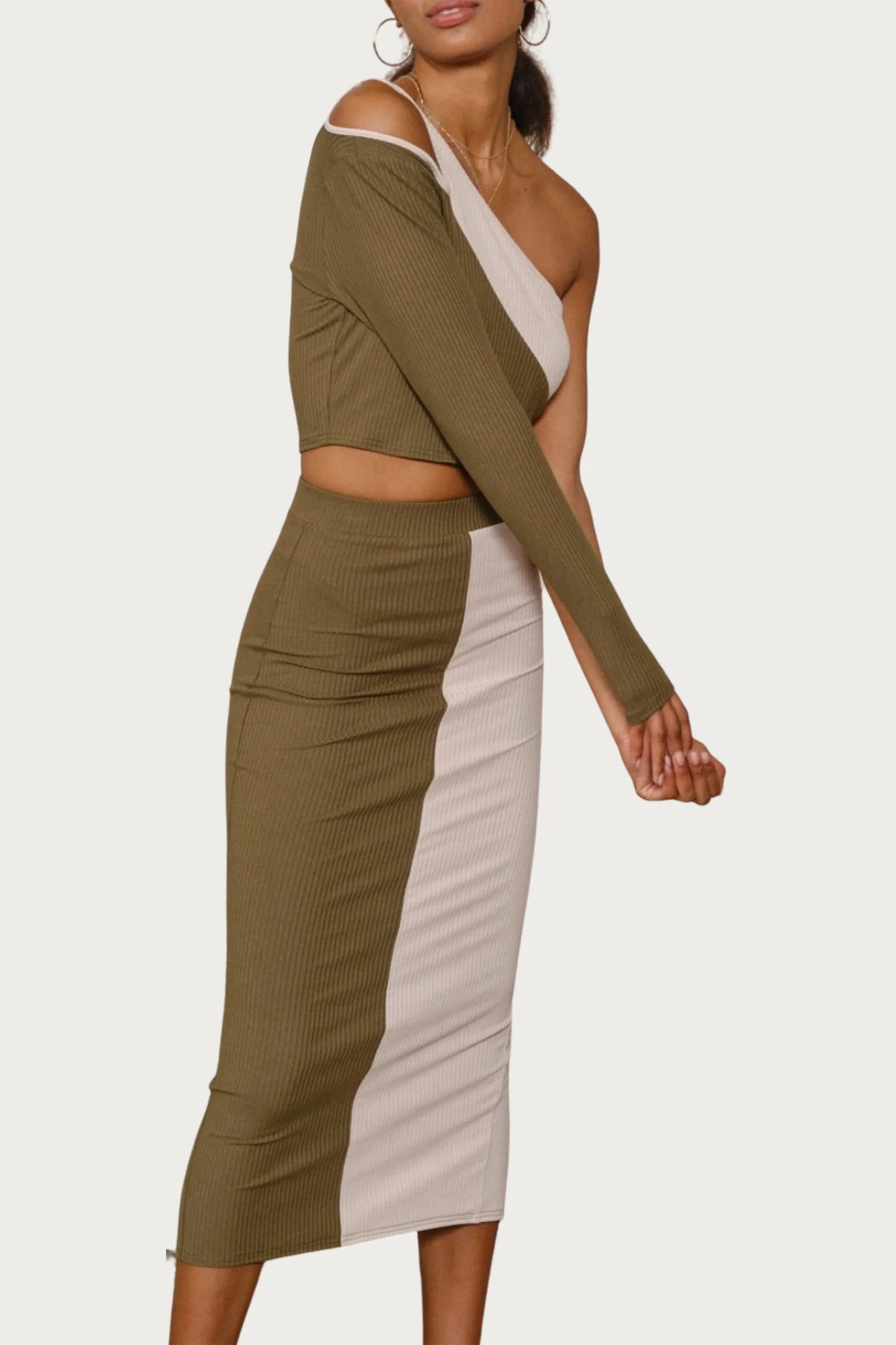 COLORBLOCKED RIBBED-KNIT ONE-SLEEVE TOP