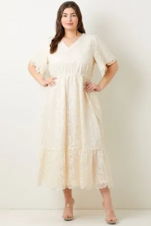 Cream Embroidered V Neck Maxi
