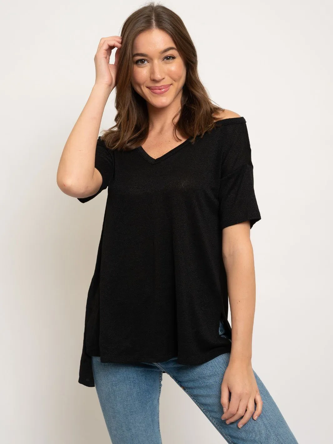 CREPE CUTOUT SHOULDER KNIT TOP