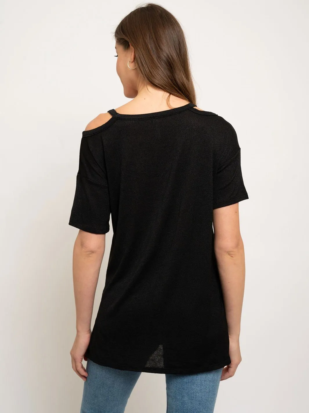 CREPE CUTOUT SHOULDER KNIT TOP