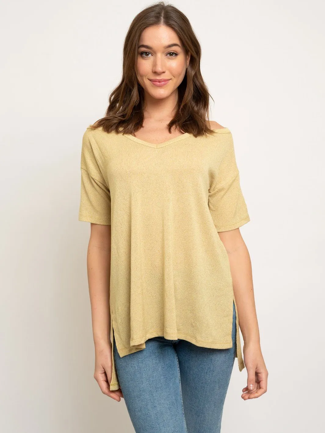 CREPE CUTOUT SHOULDER KNIT TOP