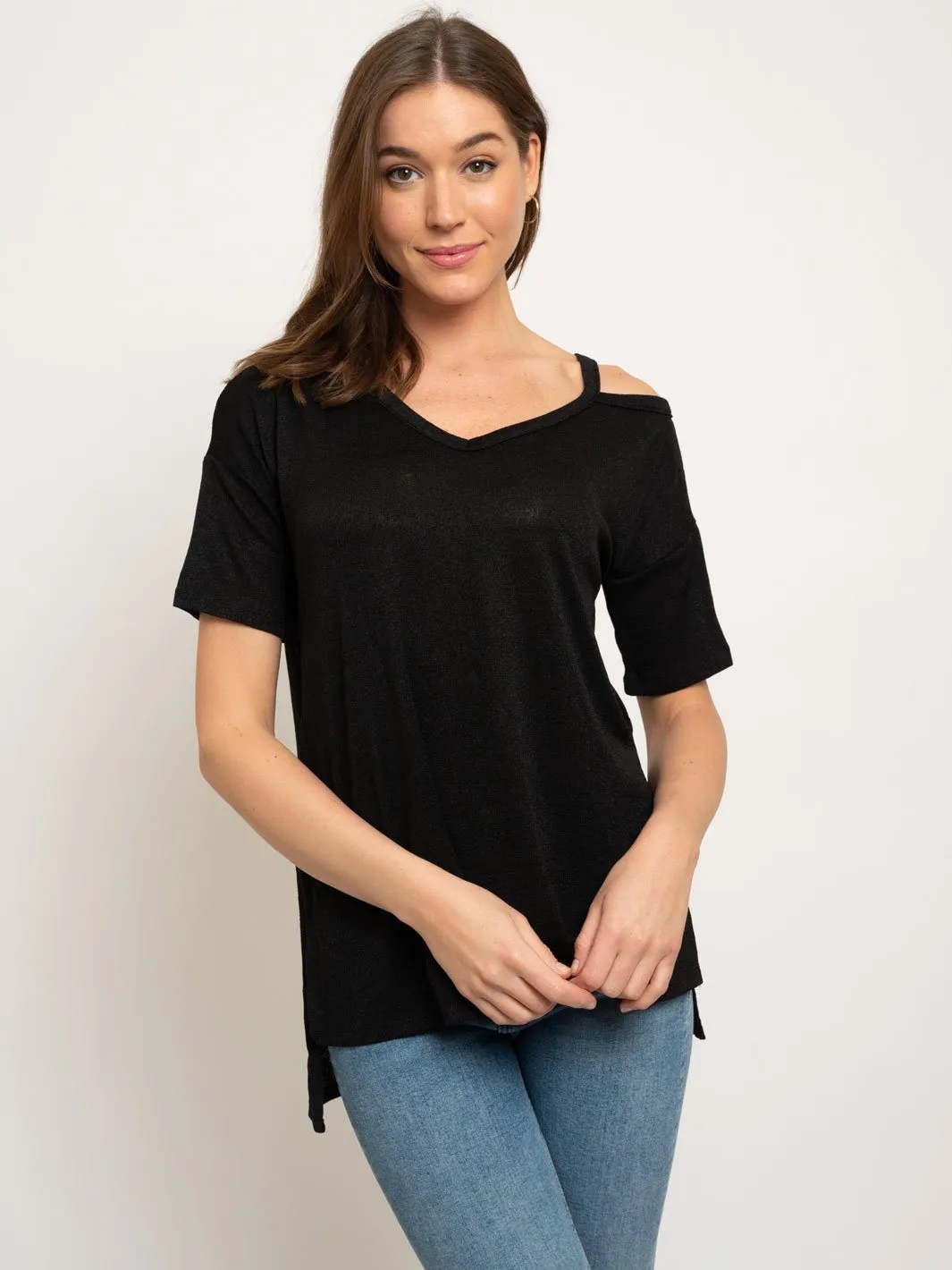 CREPE CUTOUT SHOULDER KNIT TOP