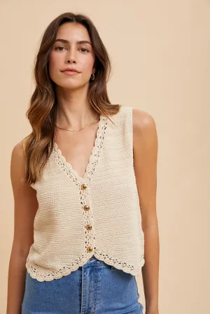 CROCHET TRIMMED BUTTON DOWN SWEATER VEST