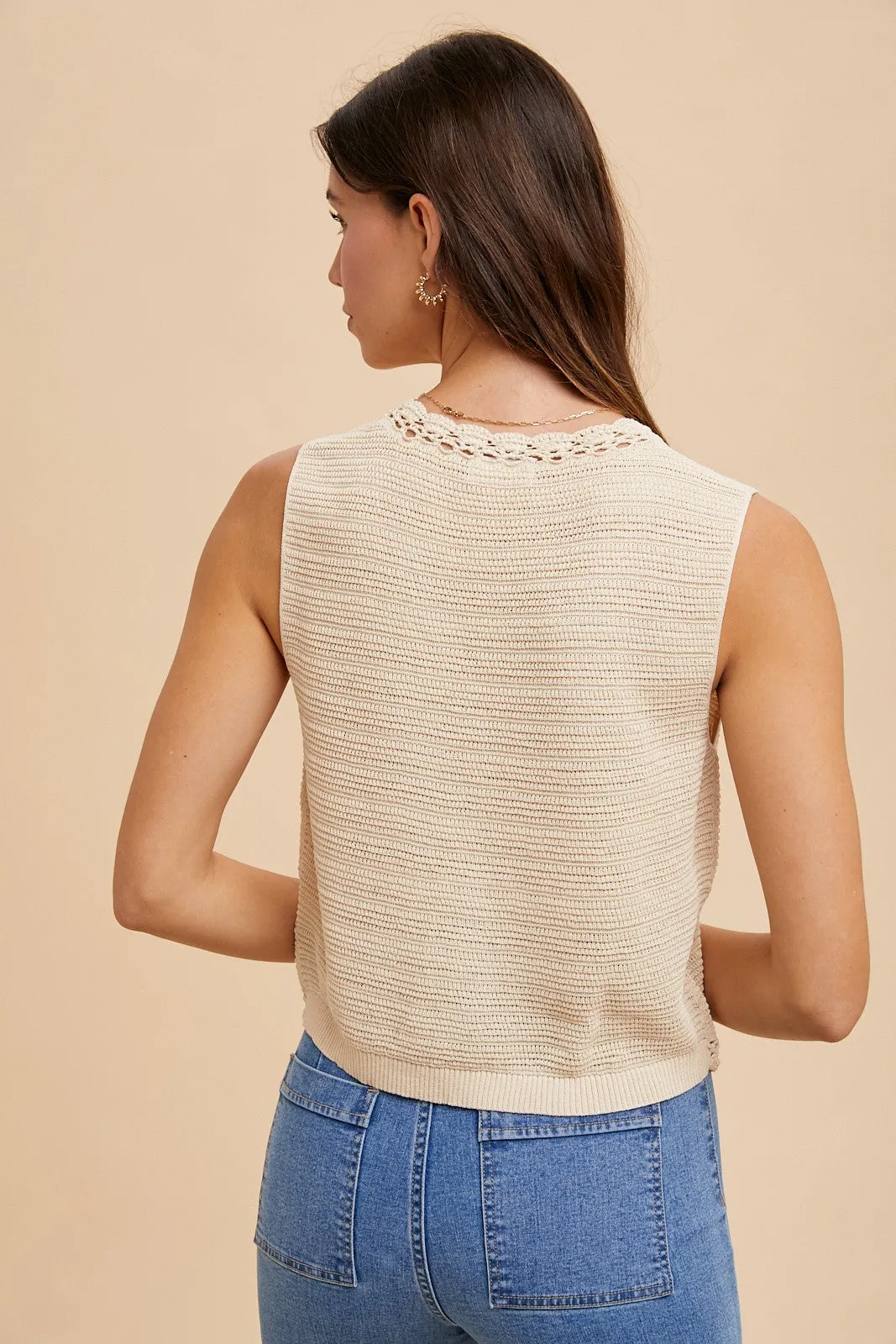 CROCHET TRIMMED BUTTON DOWN SWEATER VEST
