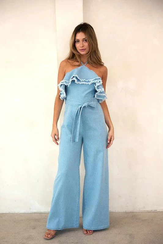 Denim Double Frayed Ruffle Halter JumpsuiT