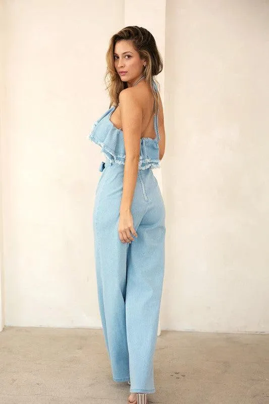 Denim Double Frayed Ruffle Halter JumpsuiT