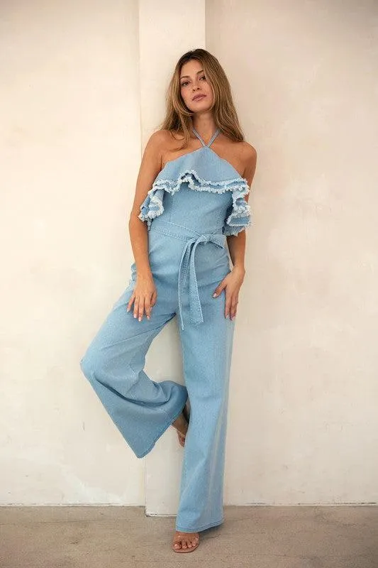 Denim Double Frayed Ruffle Halter JumpsuiT