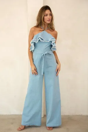 Denim Double Frayed Ruffle Halter JumpsuiT