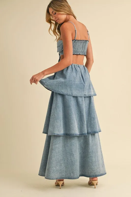 DENIM FLOWER FRONT TIERED RUFFLED FLARE MAXI DRESS