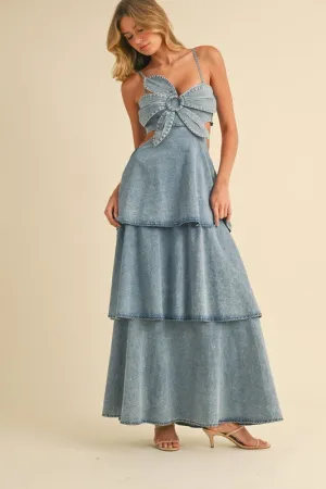 DENIM FLOWER FRONT TIERED RUFFLED FLARE MAXI DRESS