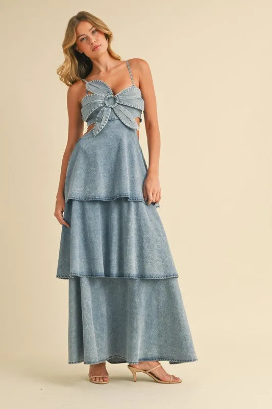 DENIM FLOWER FRONT TIERED RUFFLED FLARE MAXI DRESS