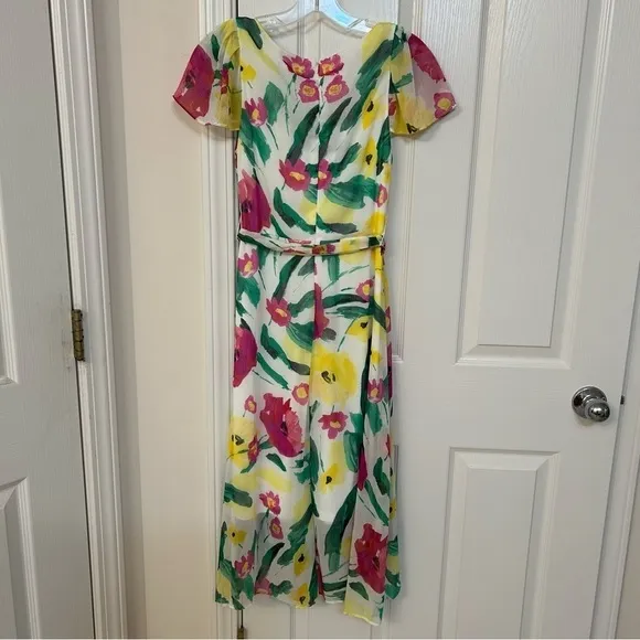 DKNY Short Sleeve Asymmetrical Faux Wrap Floral Dress in White/Pink/Green Size 2