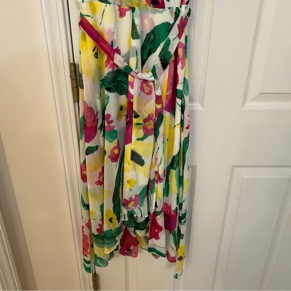 DKNY Short Sleeve Asymmetrical Faux Wrap Floral Dress in White/Pink/Green Size 2