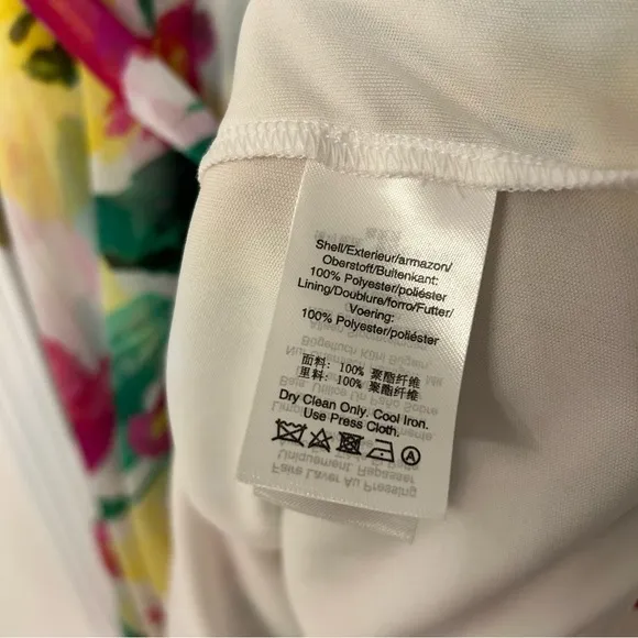 DKNY Short Sleeve Asymmetrical Faux Wrap Floral Dress in White/Pink/Green Size 2