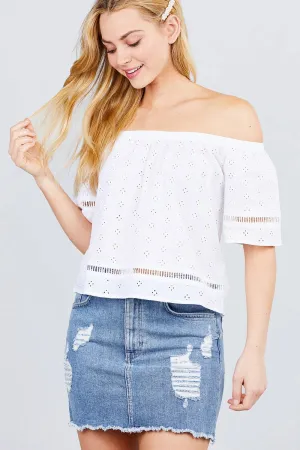 Elbow Sleeve Off The Shoulder Lace Trim Eyelet Detail Woven Top