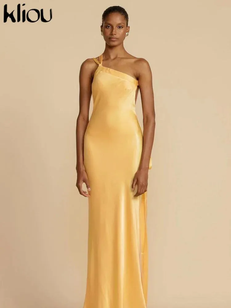 Elegant Maxi Dress Stunning Incline Shoulder Backless Sleeveless High Street Satin Evening Dress