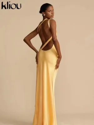 Elegant Maxi Dress Stunning Incline Shoulder Backless Sleeveless High Street Satin Evening Dress