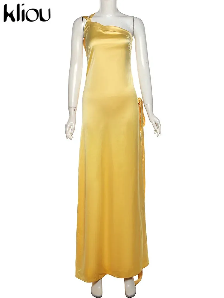 Elegant Maxi Dress Stunning Incline Shoulder Backless Sleeveless High Street Satin Evening Dress