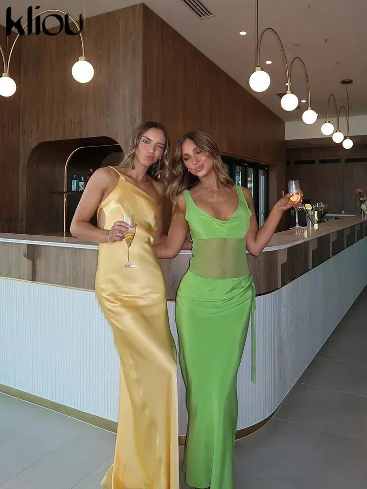 Elegant Maxi Dress Stunning Incline Shoulder Backless Sleeveless High Street Satin Evening Dress
