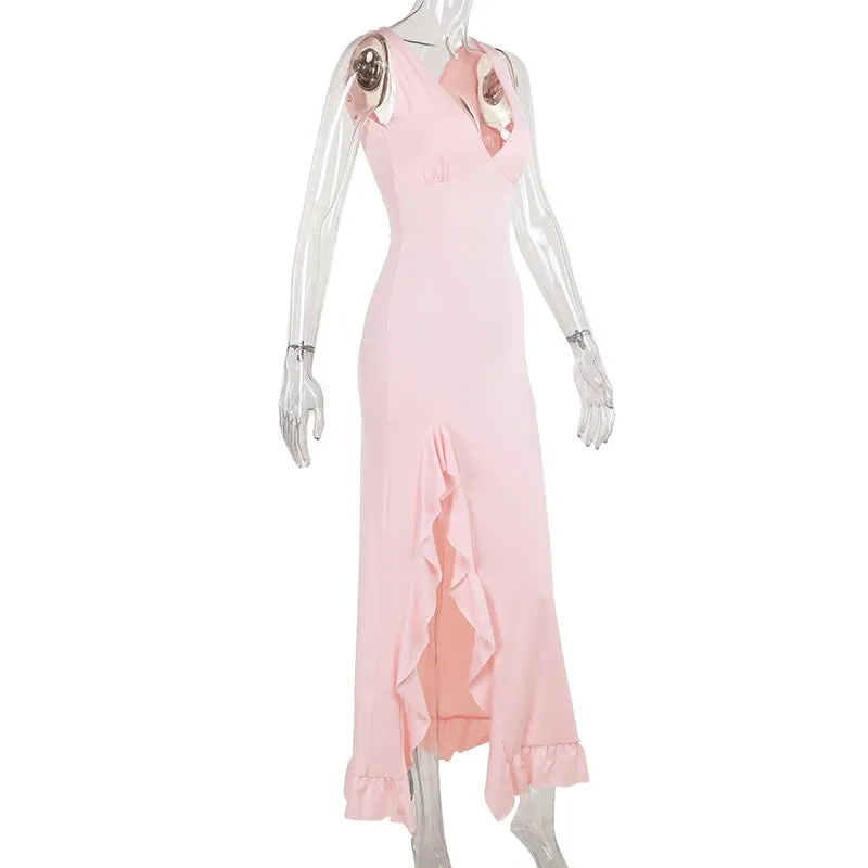 Elegant Sleeveless Ruffles Sexy Long Dress For Women Summer Deep V-Neck Backless Thigh-High Split Maxi Dress Wedding Guest Prom