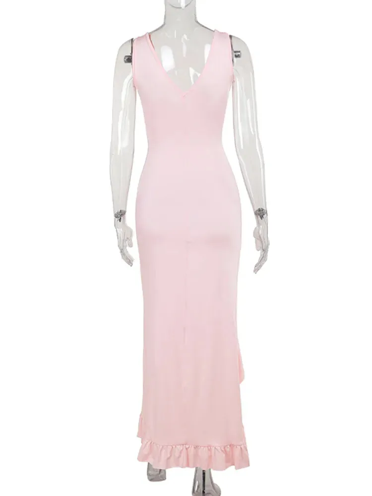 Elegant Sleeveless Ruffles Sexy Long Dress For Women Summer Deep V-Neck Backless Thigh-High Split Maxi Dress Wedding Guest Prom