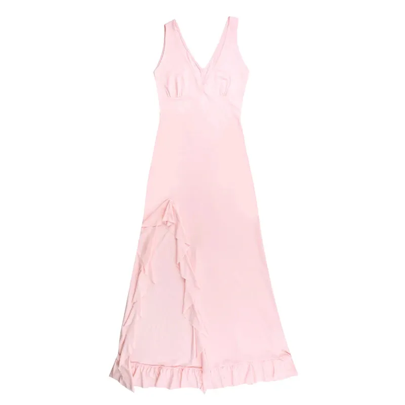 Elegant Sleeveless Ruffles Sexy Long Dress For Women Summer Deep V-Neck Backless Thigh-High Split Maxi Dress Wedding Guest Prom