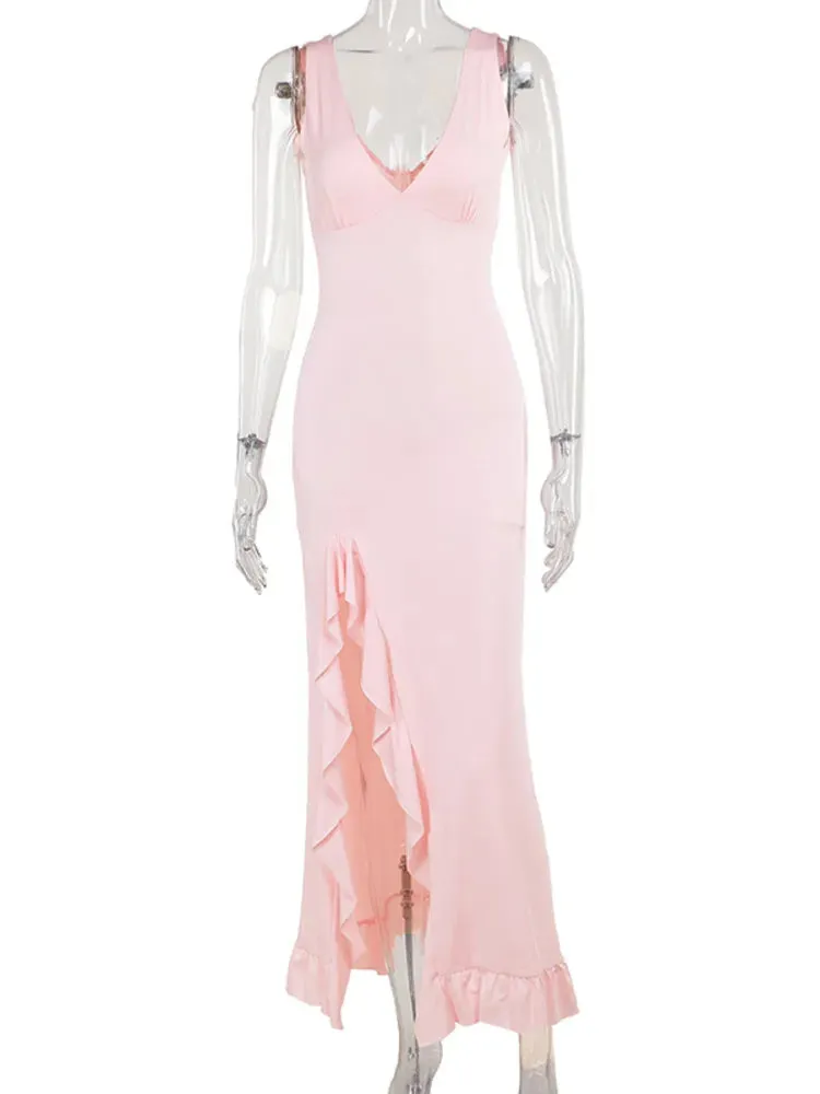 Elegant Sleeveless Ruffles Sexy Long Dress For Women Summer Deep V-Neck Backless Thigh-High Split Maxi Dress Wedding Guest Prom