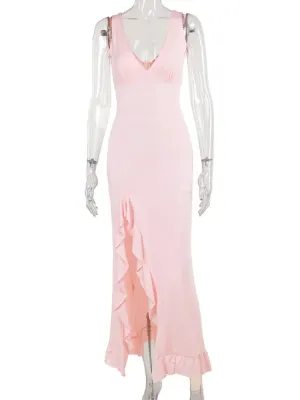 Elegant Sleeveless Ruffles Sexy Long Dress For Women Summer Deep V-Neck Backless Thigh-High Split Maxi Dress Wedding Guest Prom