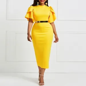 Evening Party Date Women Vintage Ruffle Yellow Blue Purple Bodycon Dress Office Lady Work Day Plus Size Midi Long Skinny Dresses