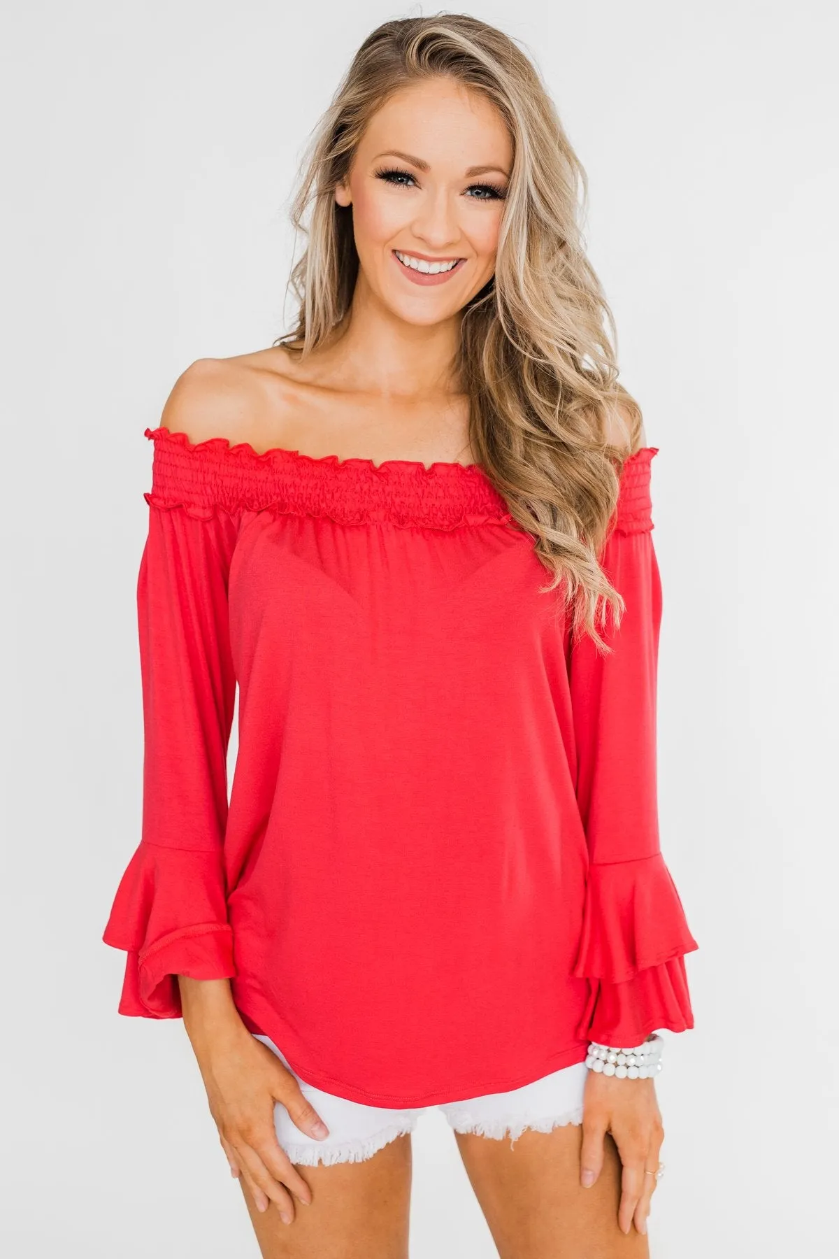 Everlasting Love Off The Shoulder Ruffle Top- Dark Strawberry