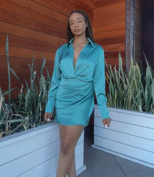 Eye Catcher Satin Dress(Deep Aqua Blue)