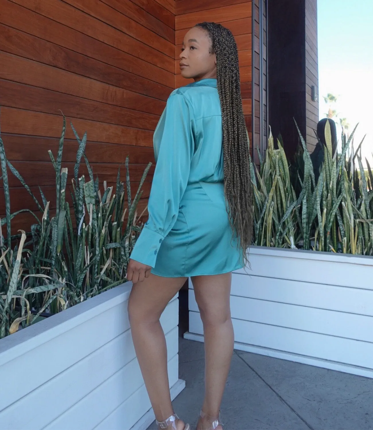 Eye Catcher Satin Dress(Deep Aqua Blue)