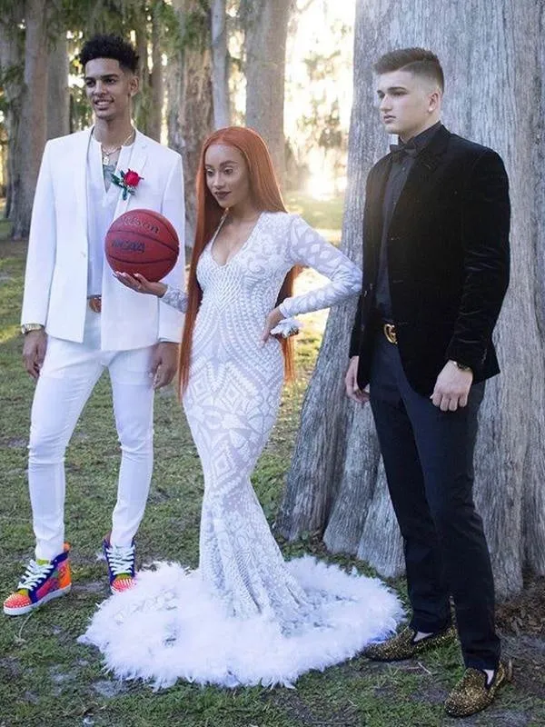Fashion V-neck Long Sleeves Sequins Feather Mermaid Floor Length Long Prom Gown