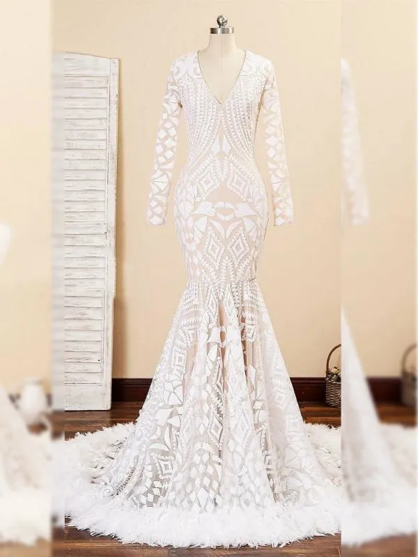 Fashion V-neck Long Sleeves Sequins Feather Mermaid Floor Length Long Prom Gown