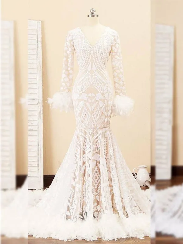 Fashion V-neck Long Sleeves Sequins Feather Mermaid Floor Length Long Prom Gown