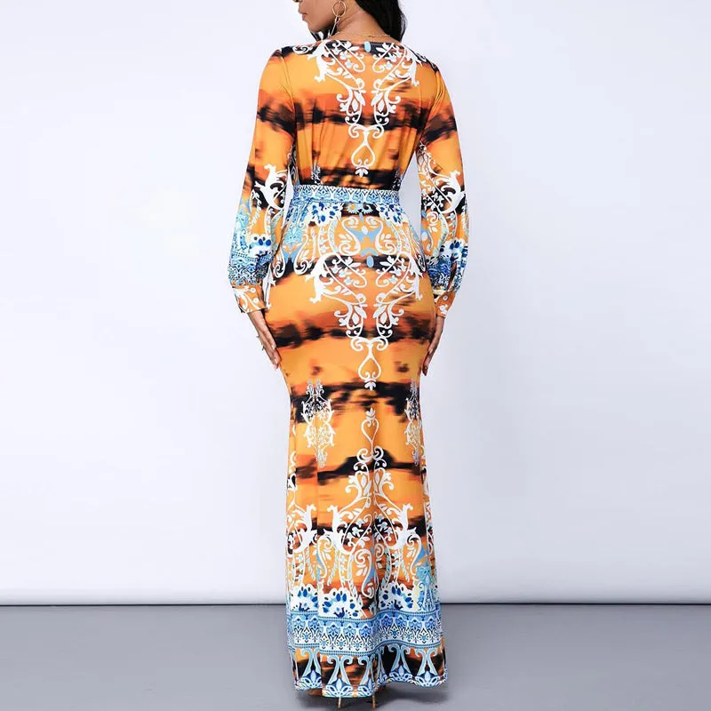 Fashion V-Neck Print Long Sleeve Maxi Party Dress With Belt