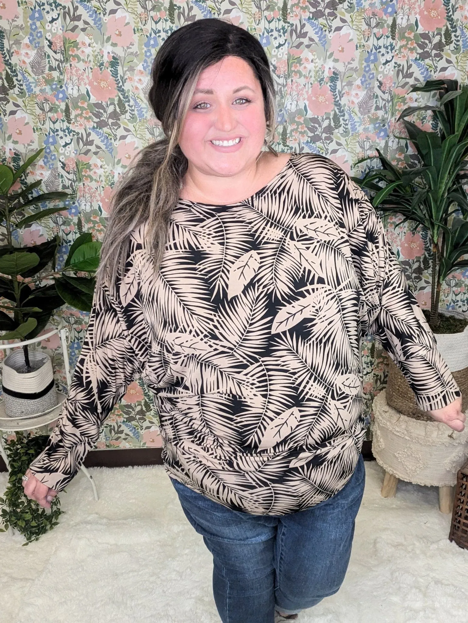 Fawn Boatneck Dolman Top in Black   Taupe Leaf Print