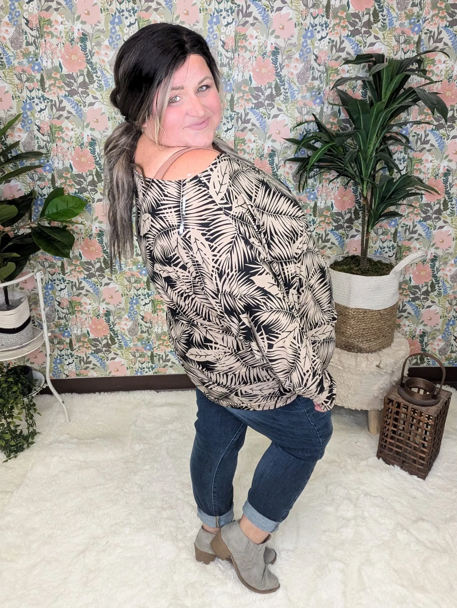 Fawn Boatneck Dolman Top in Black   Taupe Leaf Print