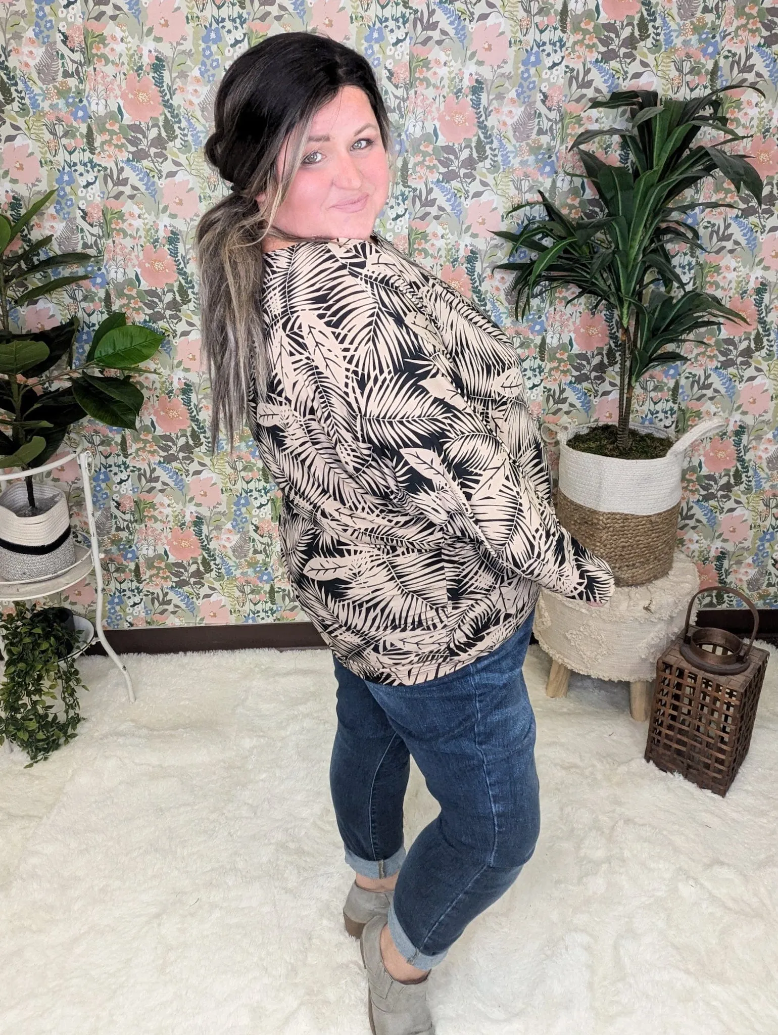 Fawn Boatneck Dolman Top in Black   Taupe Leaf Print