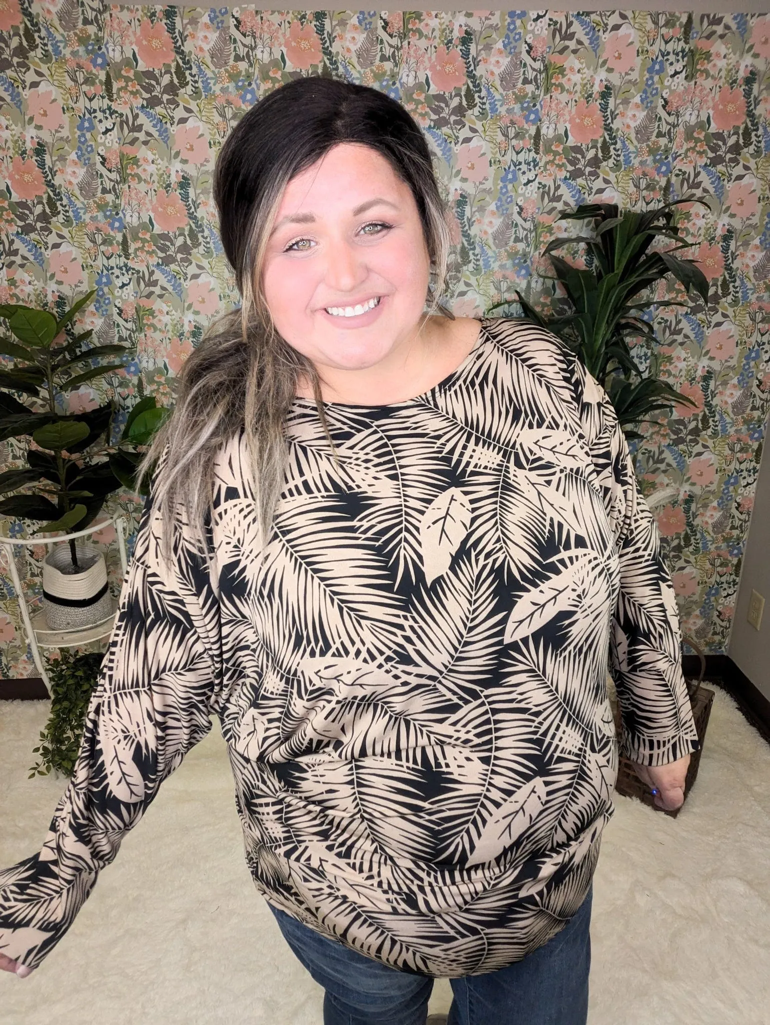 Fawn Boatneck Dolman Top in Black   Taupe Leaf Print