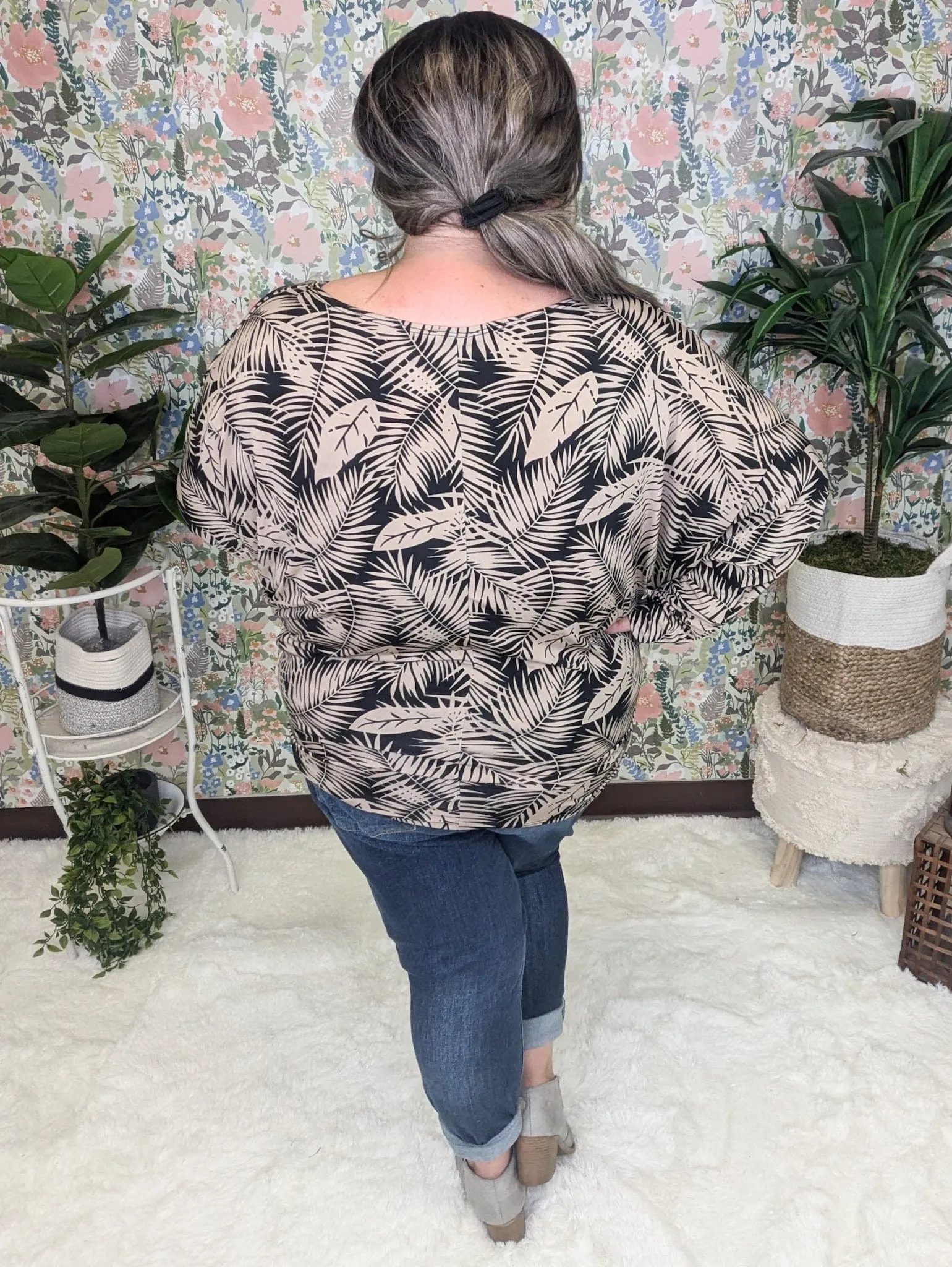 Fawn Boatneck Dolman Top in Black   Taupe Leaf Print
