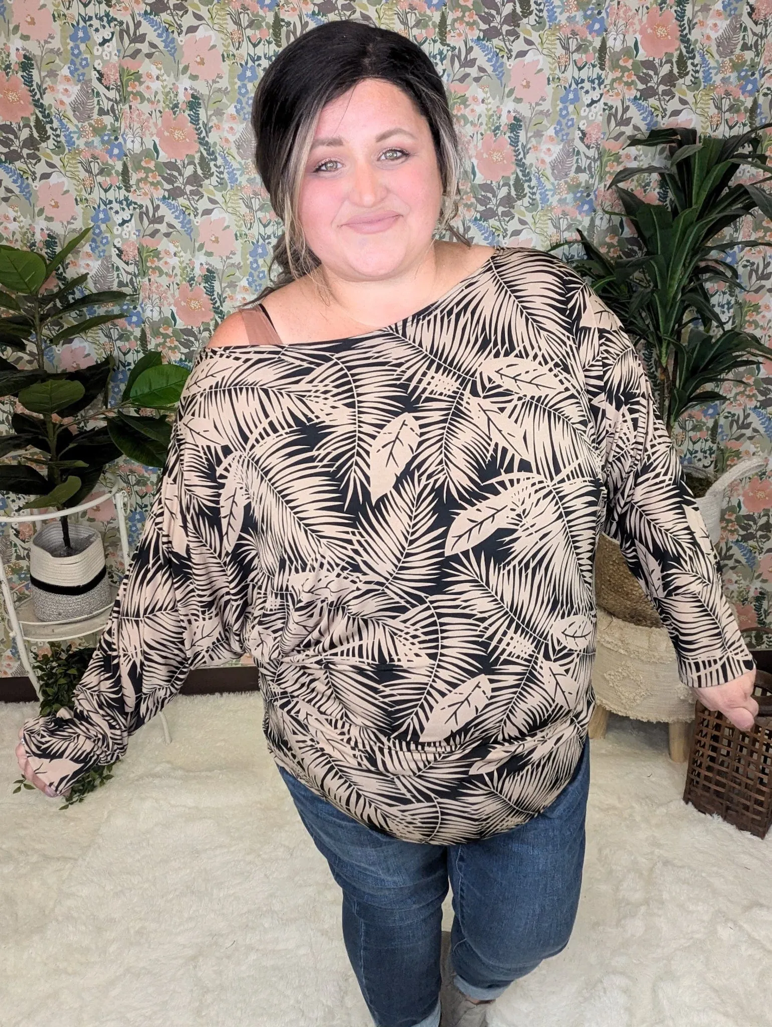 Fawn Boatneck Dolman Top in Black   Taupe Leaf Print