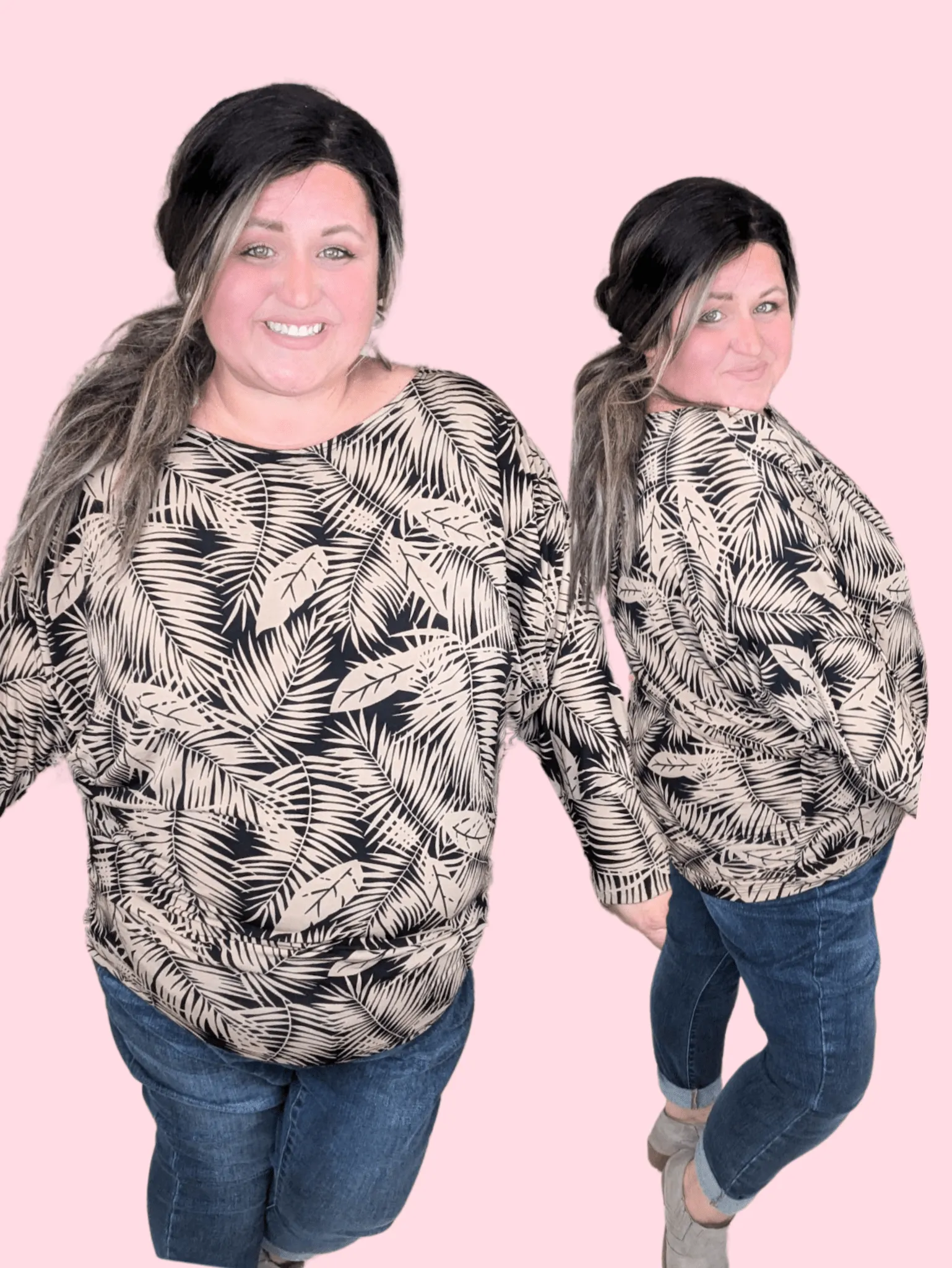 Fawn Boatneck Dolman Top in Black   Taupe Leaf Print