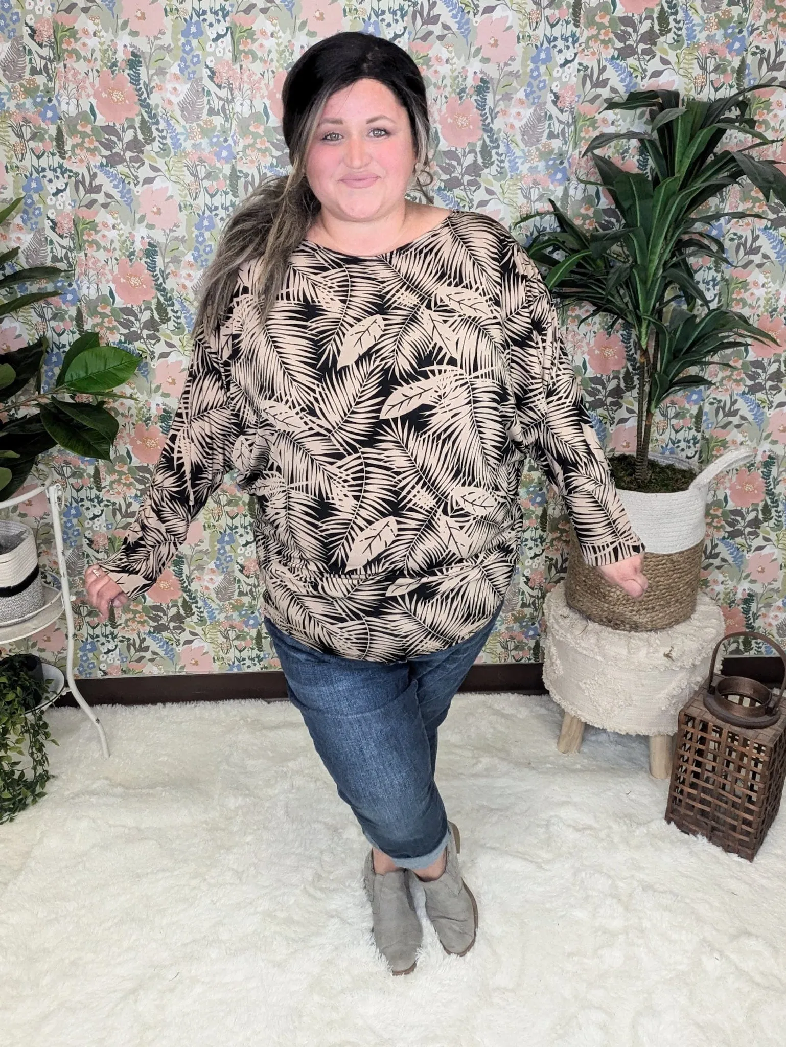 Fawn Boatneck Dolman Top in Black   Taupe Leaf Print