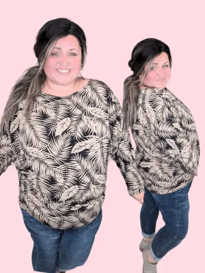 Fawn Boatneck Dolman Top in Black   Taupe Leaf Print