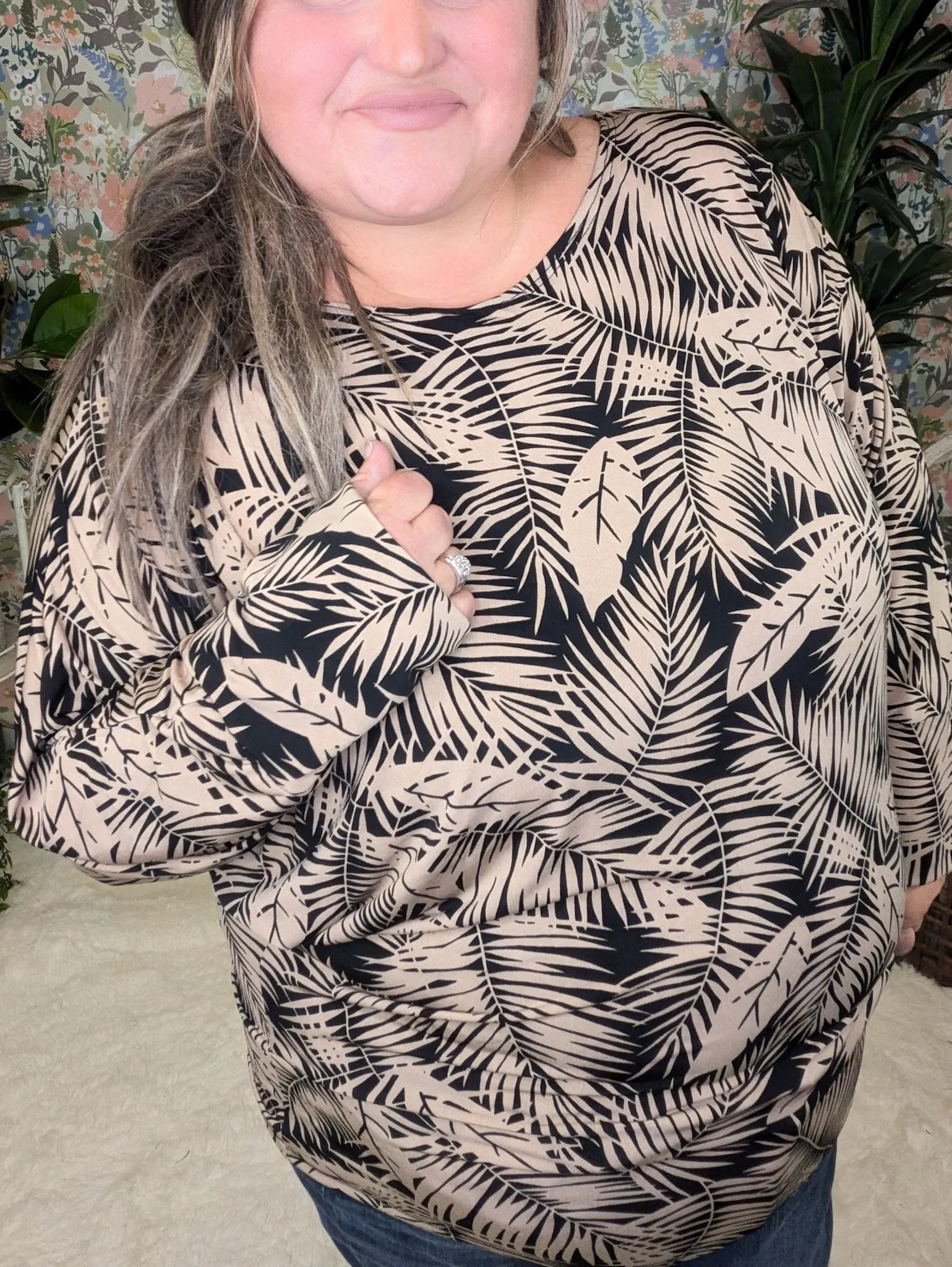Fawn Boatneck Dolman Top in Black   Taupe Leaf Print