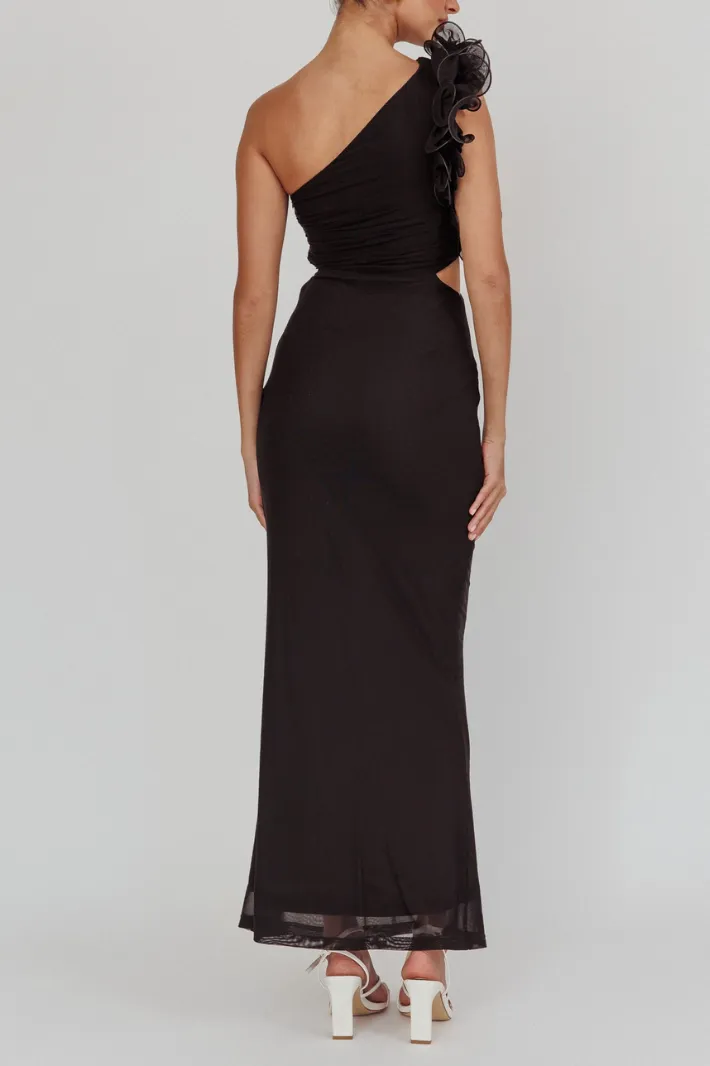 FELICINE ONE SHOULDER MESH MAXI DRESS - Black