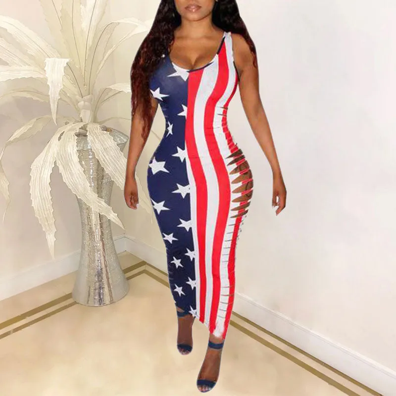 Flag Print Sleeveless Cut Out Maxi Dress